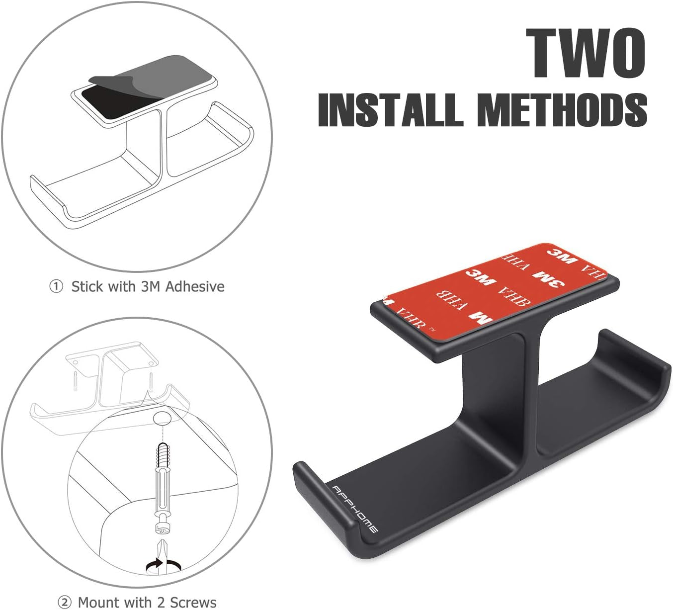 Space-Saving Dual Headphone Hanger Stand - Aluminum Adhesive & Screw Mount for All Headsets, Perfect PC Gaming Accessory - Black