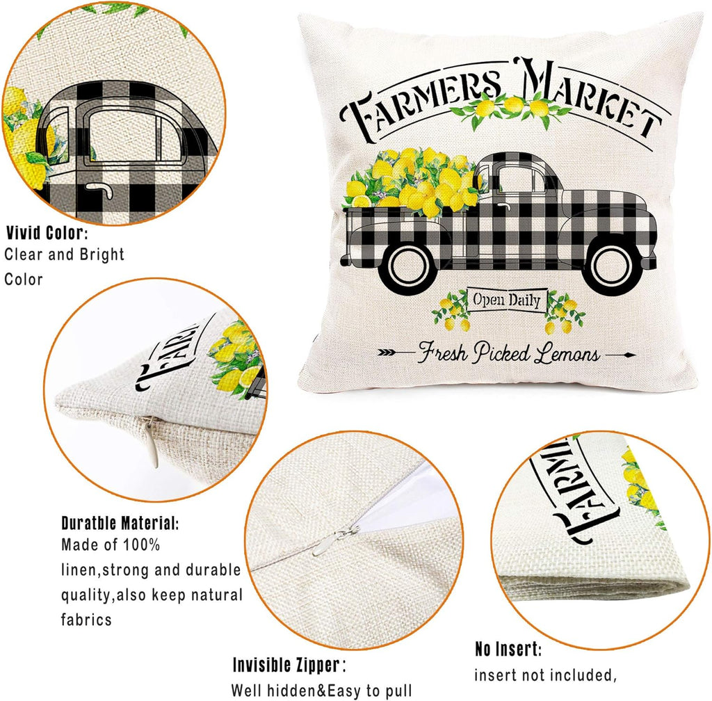 Set of 4 Hexagram Lemon Farmhouse Pillow Covers 16x16 - Summer Buffalo Plaid Decorative Cushions for Couch, Sofa, and Indoor Living Room Decor (No Insert)