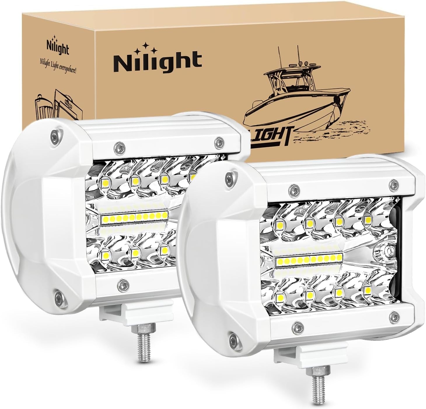 Nilight Marine LED Light Pods Navigation Lights 2PCS 4 Inch White Spot Flood Combo Ponton Boat Deck Dock Lighting for Night Fishing T-Top Stern Yacht Port Sailboat Trucks Tractors