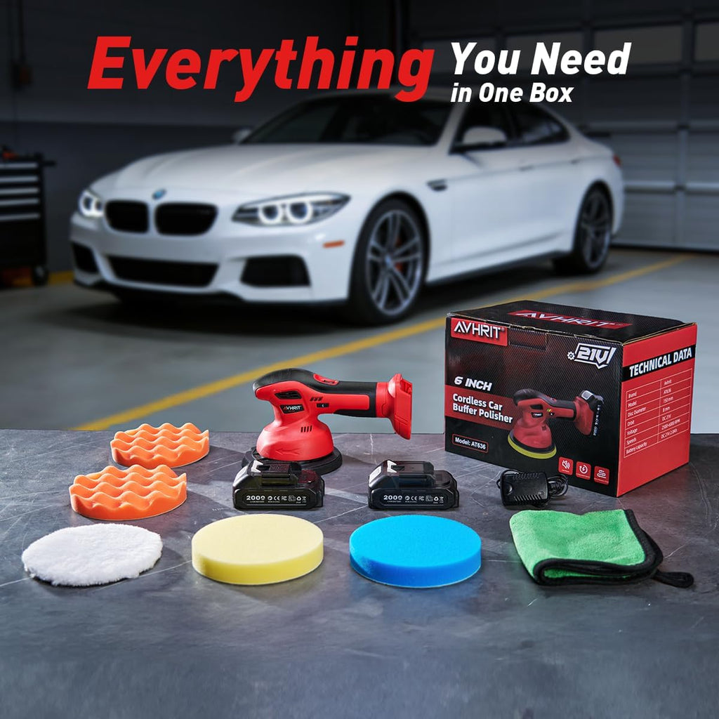 Cordless Car Buffer Polisher Kit W/ 2X2000Mah 21V Batteries, 6 Inch Car Buffer Waxer Kit W/ 6 Variable Speed & Extra Attachments, Polisher for Car Detailing,Boat Sanding,Scratch Removing