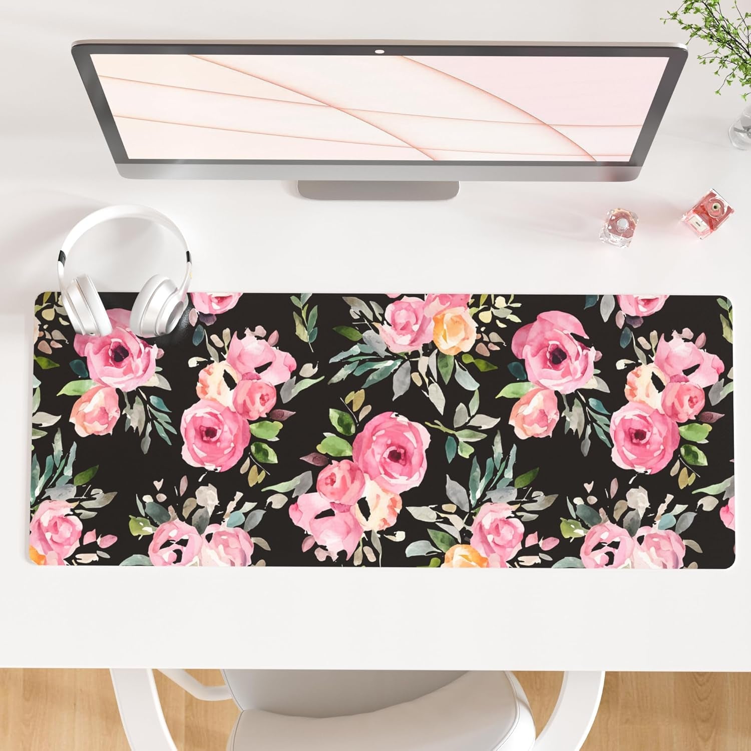 QIYI White Mouse Pad, Cute Marble Large Desk Mat, PU Leather Desk Protector Mousepad, Gold Grey Striped Waterproof Computer Keyboard Gaming Mouse Pads, Non Slip Extended Writing Pad 31.5" X 15.7"