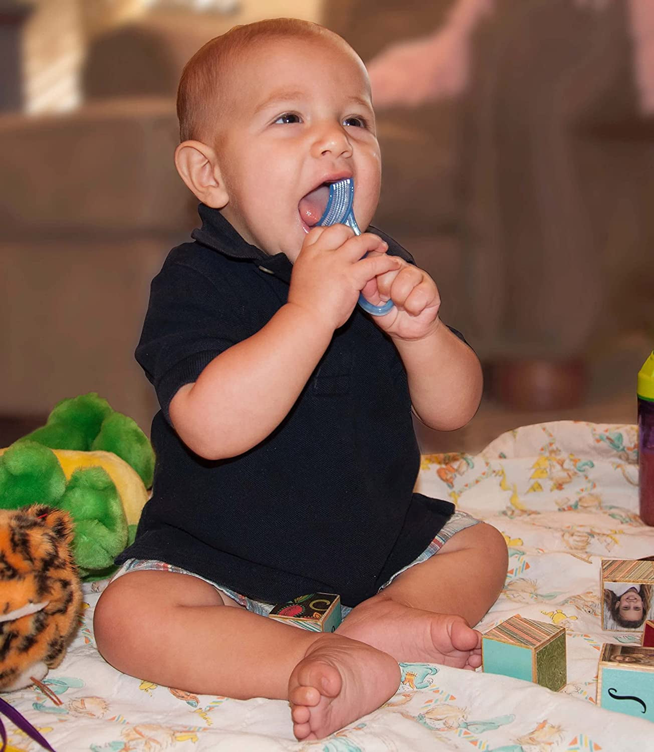Brilliant Baby’S First Toothbrush & Teether - Dentist Recommended, Freezer-Safe Silicone for Ages 4+ Months, Teething Relief + Dental Care, Dishwasher Safe, Blue