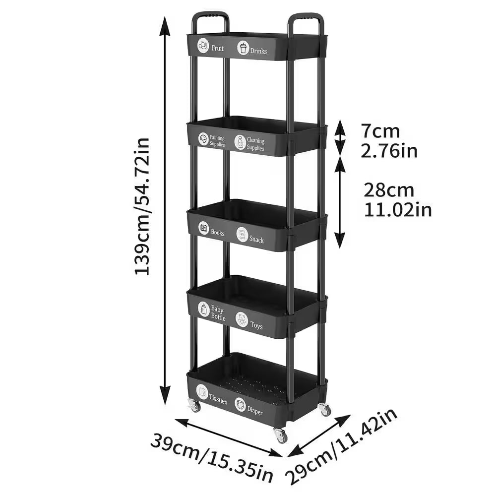 5-Tier Black Storage Organizer with Wheels and Classified Stickers, Utility Storage Carts for Bathroom, Laundry, Kitchen