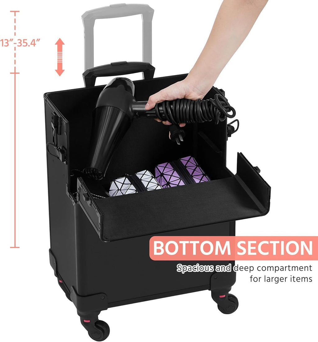 Yaheetech Makeup Train Case 3 in 1 Professional Cosmetic Trolley Multi-Functional Organizers Large Storage Traveling Cart Trunk for Nail Tech - Black
