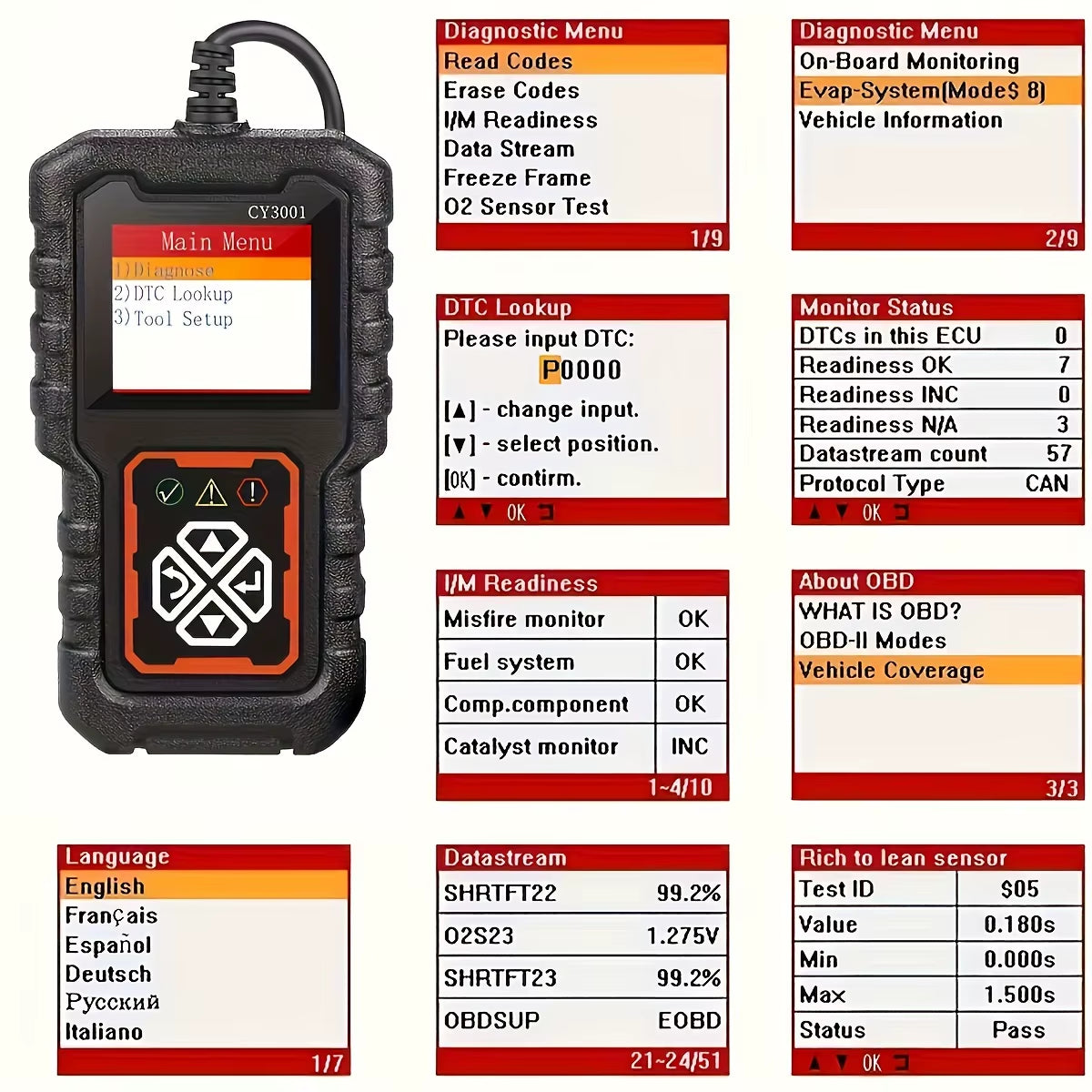 Car OBD2 Scanner Diagnostic Tool Code Reader, Car Voltage Tester Engine Fault Code Scanner, Charging Tester Diagnostic Cy3001B