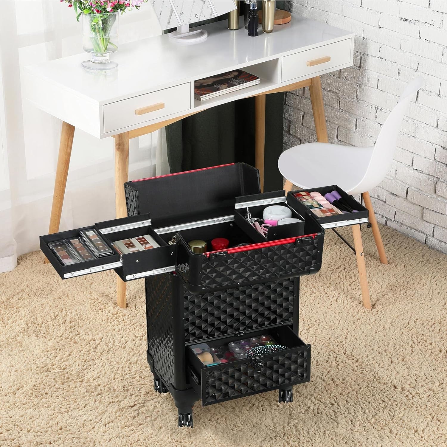 Yaheetech Rolling Makeup Train Case Aluminum Cosmetic Case with Wheels Barber Case Salon Lockable Travel Trolley with Sliding Drawers Removable Divider, Black/Red