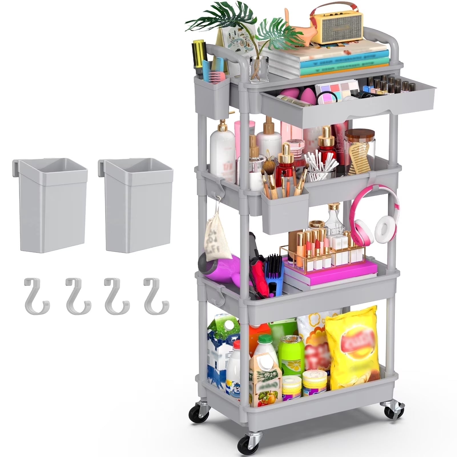 Yeabett 4 Tier Rolling Utility Cart Organizer with Removable Drawer, Mobile Storage Carts with 2 Lockable Wheels for Bathroom, Kitchen, Snack, Craft, Makeup, Baby Essentials，Purple