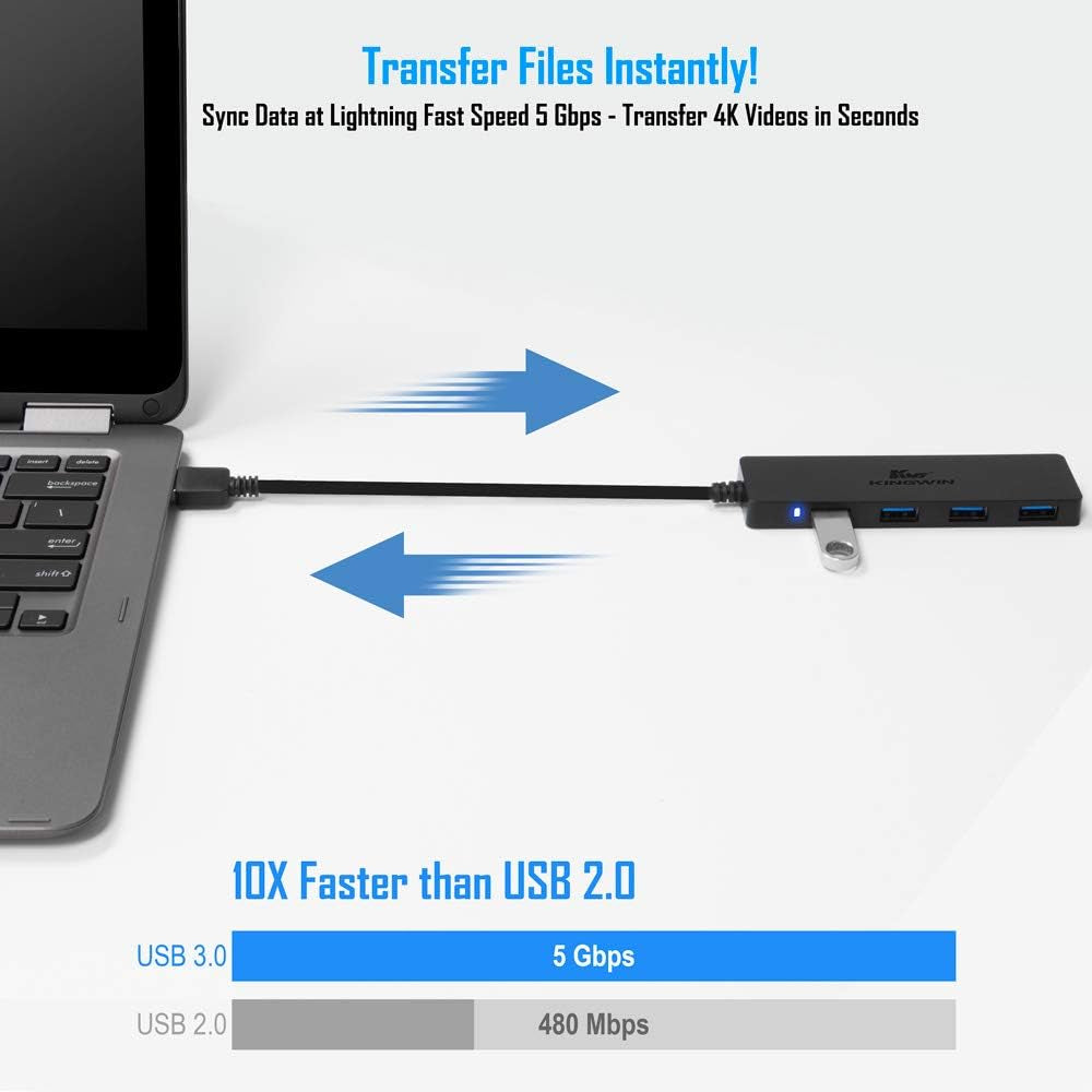 Ultra Slim Kingwin 4-Port USB 3.0 Hub - Perfect for Mac, Chromebook, Surface Pro, and More!