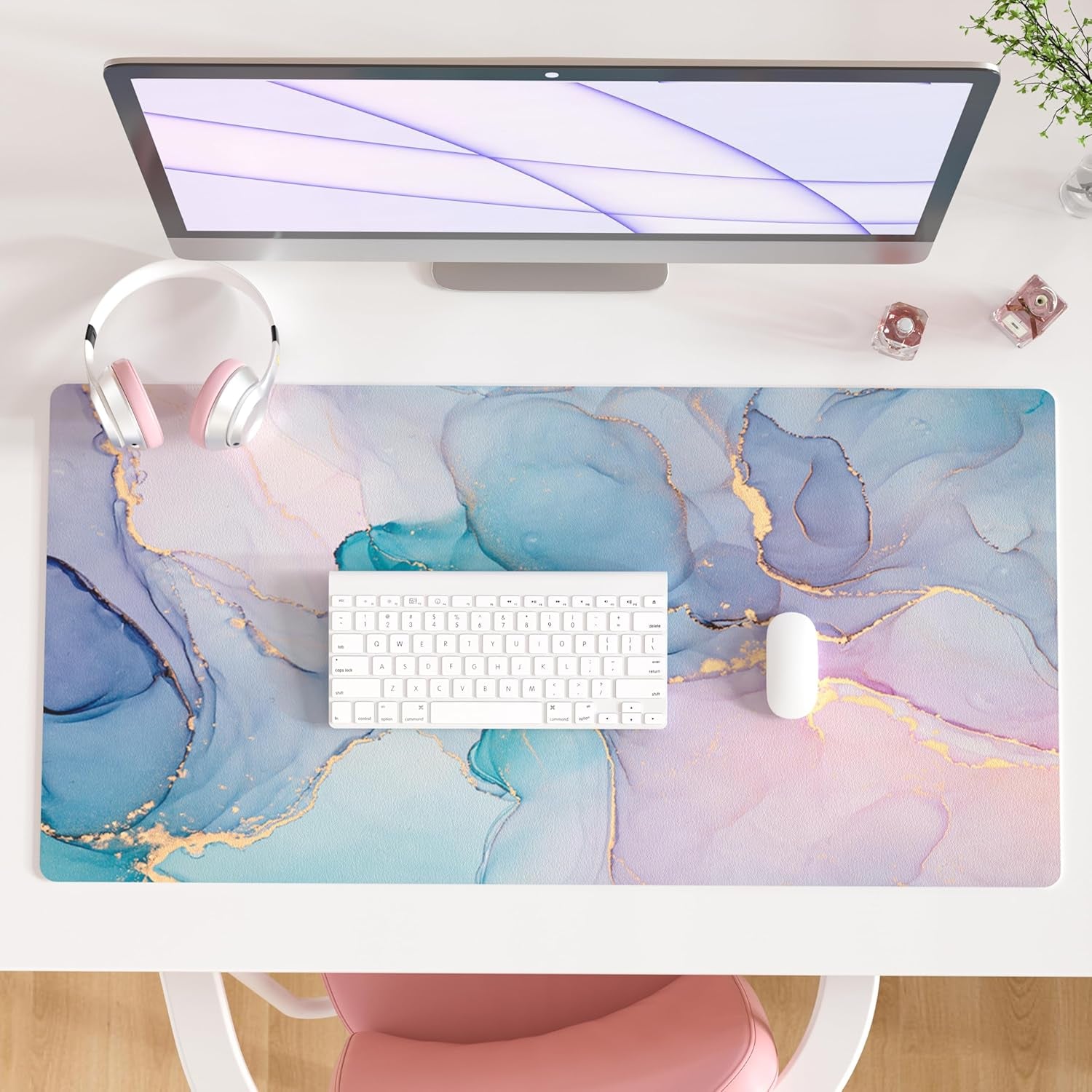QIYI White Mouse Pad, Cute Marble Large Desk Mat, PU Leather Desk Protector Mousepad, Gold Grey Striped Waterproof Computer Keyboard Gaming Mouse Pads, Non Slip Extended Writing Pad 31.5" X 15.7"