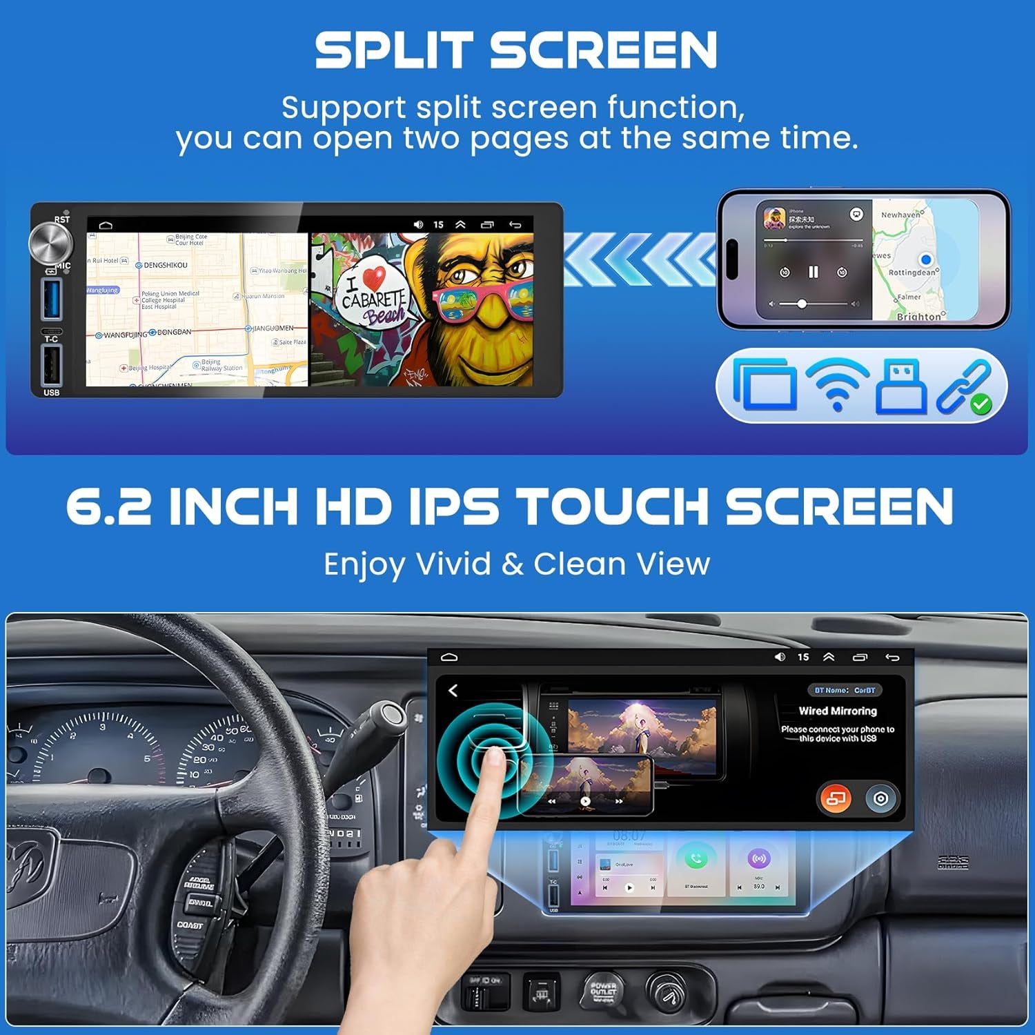 4G+64G Android 13 Car Radio for Dodge Ram (1994-2001)& Chrysler Town and Country (1990-2000) & Jeep Grand Cherokee (1993-1998), 6.2''Touch Screen Stereo with Wireless Carplay&Android Auto