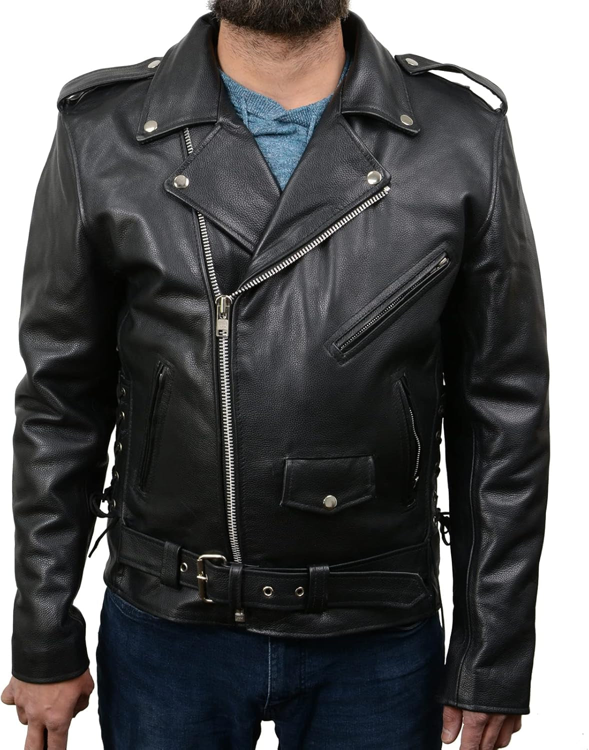 Milwaukee Leather SH1011 Men'S Classic Brando Premium Leather Black Motorcycle Riders Leather Jacket W/Side Laces