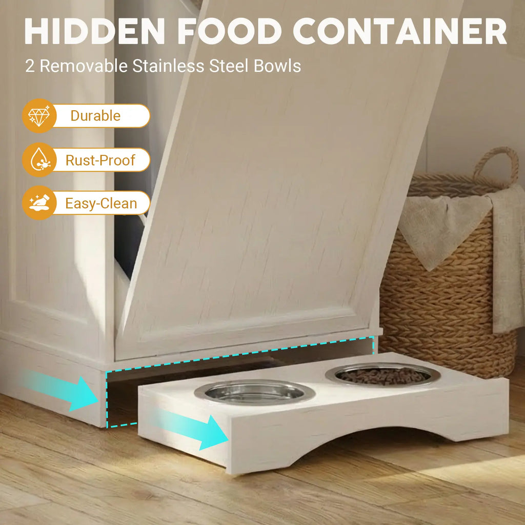 Elevated Dog Feeding Station with Tilt-Out Food Cabinet and Drawer for Pet Feeding and Kitchen Storage