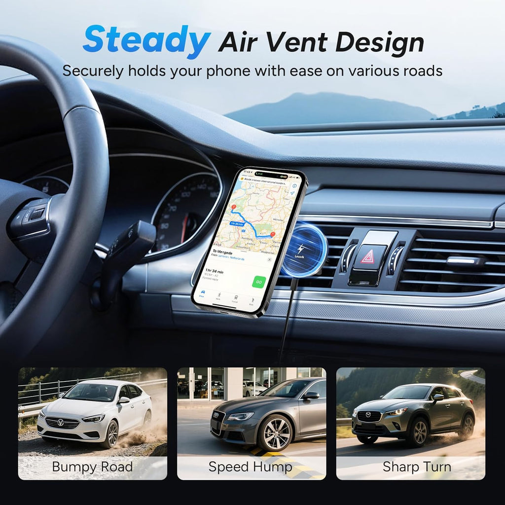 Lecork for Magsafe Car Mount Charger, 15W Air Vent Magnetic Wireles Car Mount Charger for Iphone 16 Pro Max Accessories, Car Phone Holder for Iphone 16 15 14 13 12, Zinc Alloy (Black-Grey)