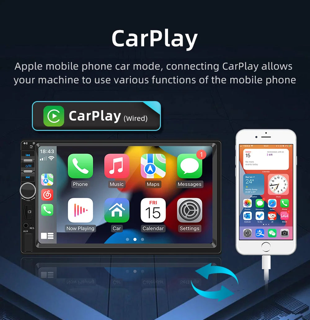 BQCC 7" 2Din/1 Din MP5 Car Player Mirrorlink Wired Android Auto/Carplay BT AUX Colorful Lights FM Car Radio F7018C
