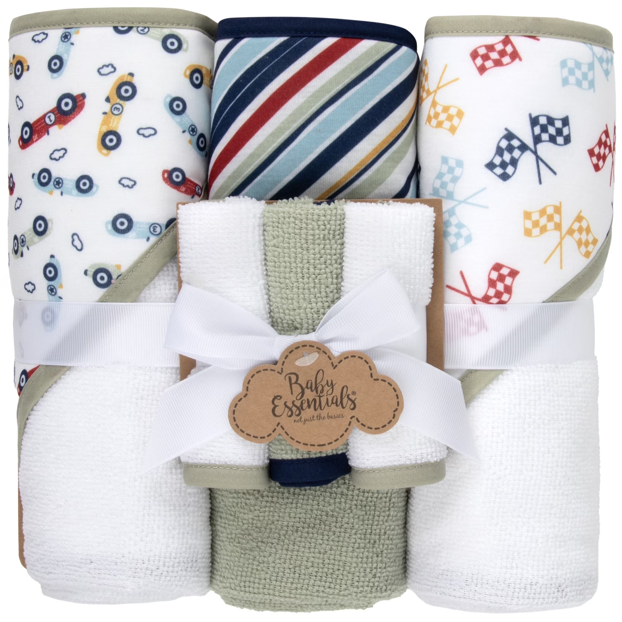 Baby Essentials 6 Piece Hooded Bath Towel Washcloth Set for Infant, Newborns, Toddlers 3 – 24 Months for Bath Time, Showers, Lounge, Beach, Pool in Dinosaurs & Stripes