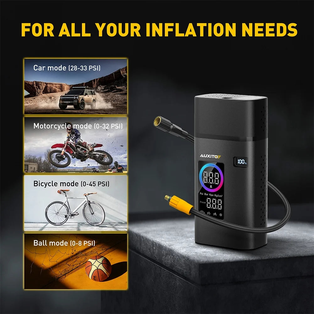 Tire Inflator Portable Air Compressor, 150 PSI Cordless Air Pump with 7800Mah Rechargeable Battery for Car, Truck, Motorcycle Tires & Ball, Compact Bike Pump