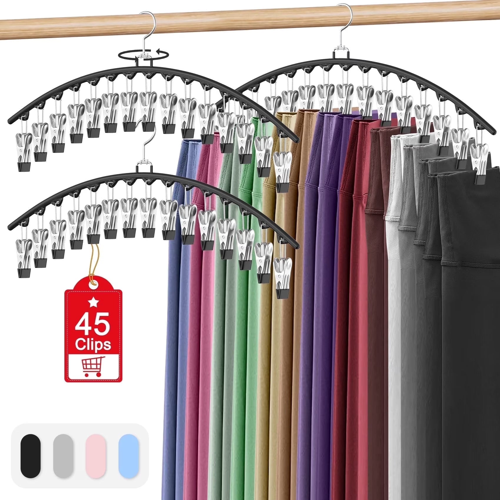 Paquete De 3 Ganchos Para Pantalones Para Ropa Con 15 Pinzas, Organizadores De Clóset Ahorradores De Espacio, Negro