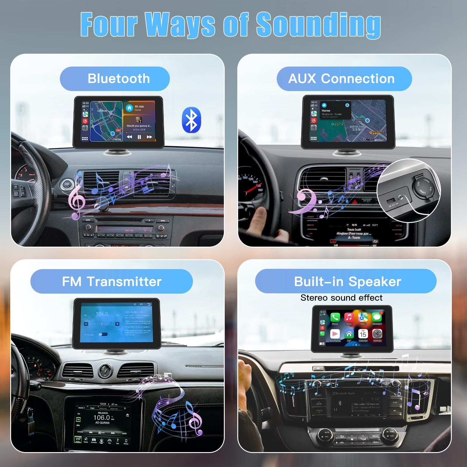 Carabc D7 Pro Portable Wireless Car Stereo with 7" Touchscreen, Carplay, Android Auto, Rear Camera