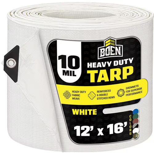 12 Ft. X 16 Ft. Heavy-Duty Commercial White Tarp Cover 10 Mil Thick Weave Material, Waterproof