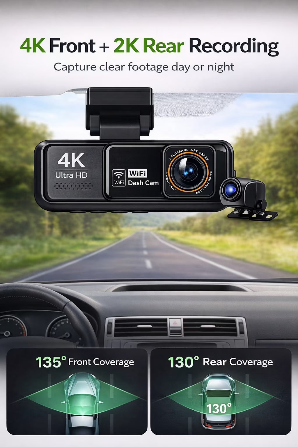 4K Dash Cam Front & 2K Rear, Wifi GPS, Night Vision, Parking Mode, Loop Recording, Memory Card Included