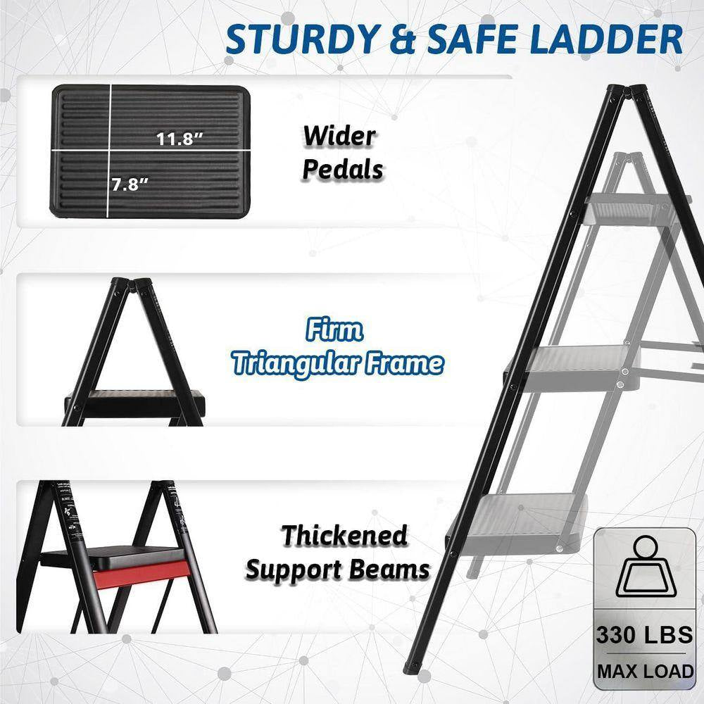 Double Elite Reach 35 In. H 3 Ft. Step Folding Laddersturdy 330 Lbs. Capacity Full Steel Anti-Slip Pedals Compact Design