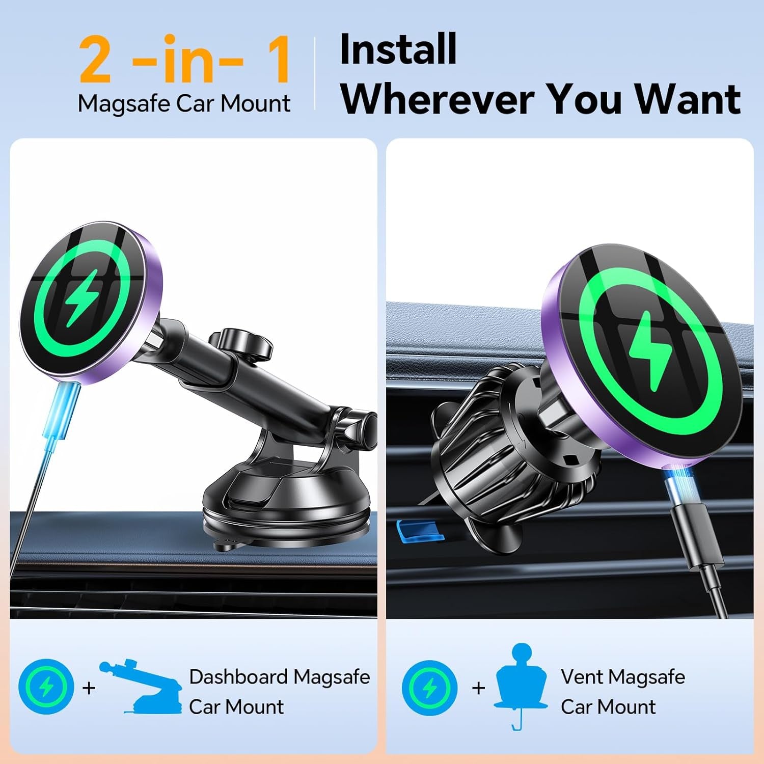 Coolpow for Magsafe Car Mount Charger【Ultra Magnet】 Magnetic Phone Holders for Your Car Charger【Windshield+Vent+Dash】 Magnetic Wireless Car Phone Holder Charger Car Mount for Iphone 17 (Purple)