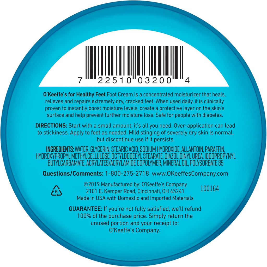 O'Keeffe's Healthy Feet Foot Cream - Ultimate Relief for Dry, Cracked Feet - Instant Moisture Boost - 3.2 oz Jar (Pack of 3)