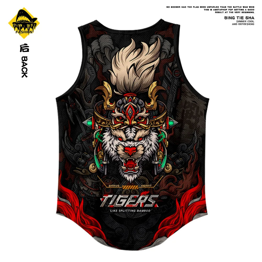 Men'S Fashion Sleeveless Black Tiger Print Tank Top Vest Fitness Bodybuilding Muscle Undershirt Gym Sportwear