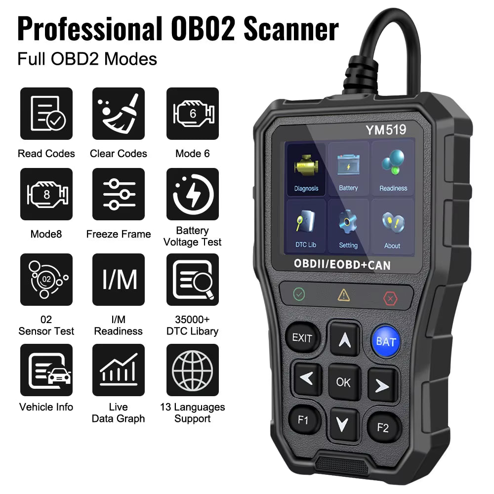Code Reader Fault Code Scanner Multi-Language YM519 Car Diagnostic Tool OBD2 Code Reader Check Engine System Battery Tester