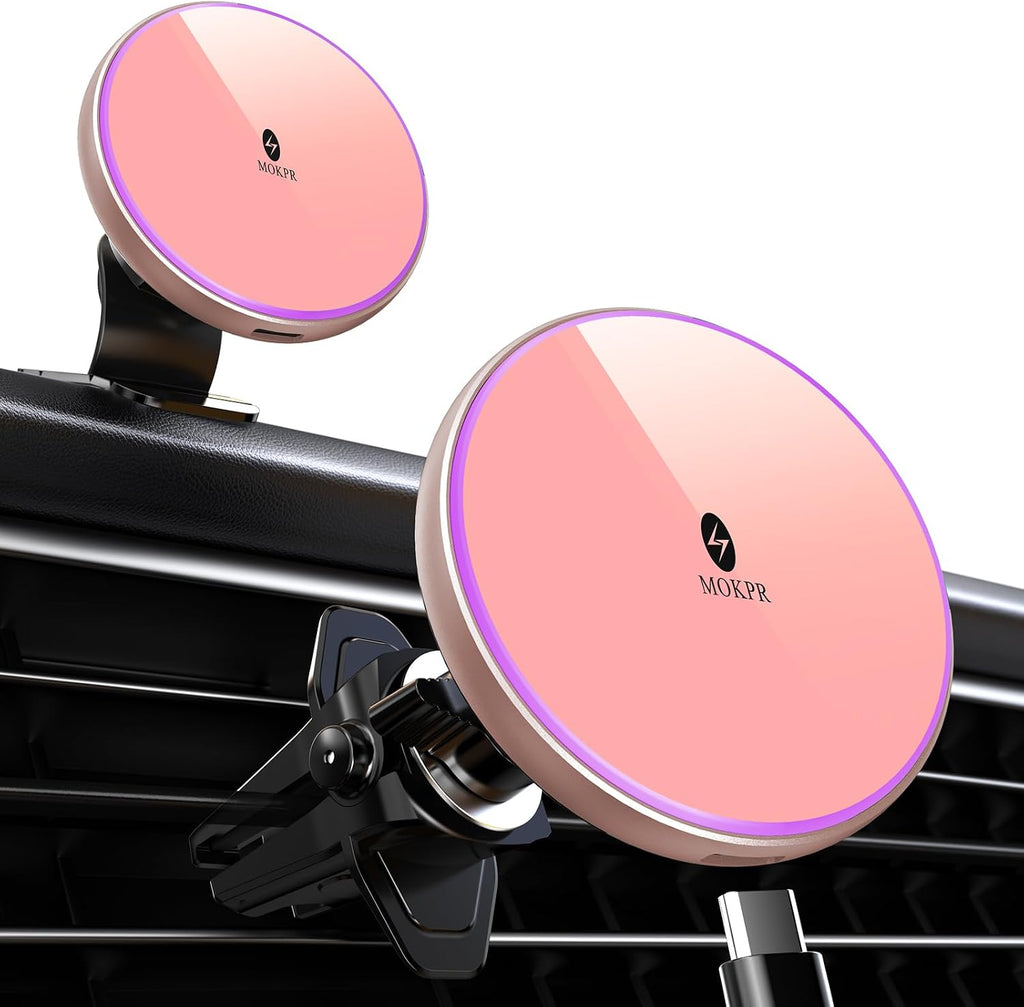 MOKPR for Magsafe Car Mount Charger-15W Wireless Car Charger-Magnetic Car Phone Holder for Dash Air Vent-Led RGB Handsfree Car Mount Fast Car Charger for Iphone 14/13/12 Series
