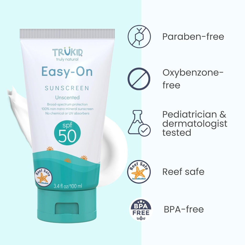 Trukid Easy on Mineral Sunscreen SPF 50 - Kids & Baby Sunscreen for Face & Body, Non-Toxic Zinc Oxide Sunblock Protection for Sensitive Skin, Unscented, FSA Eligible, Travel Size 3.4Oz