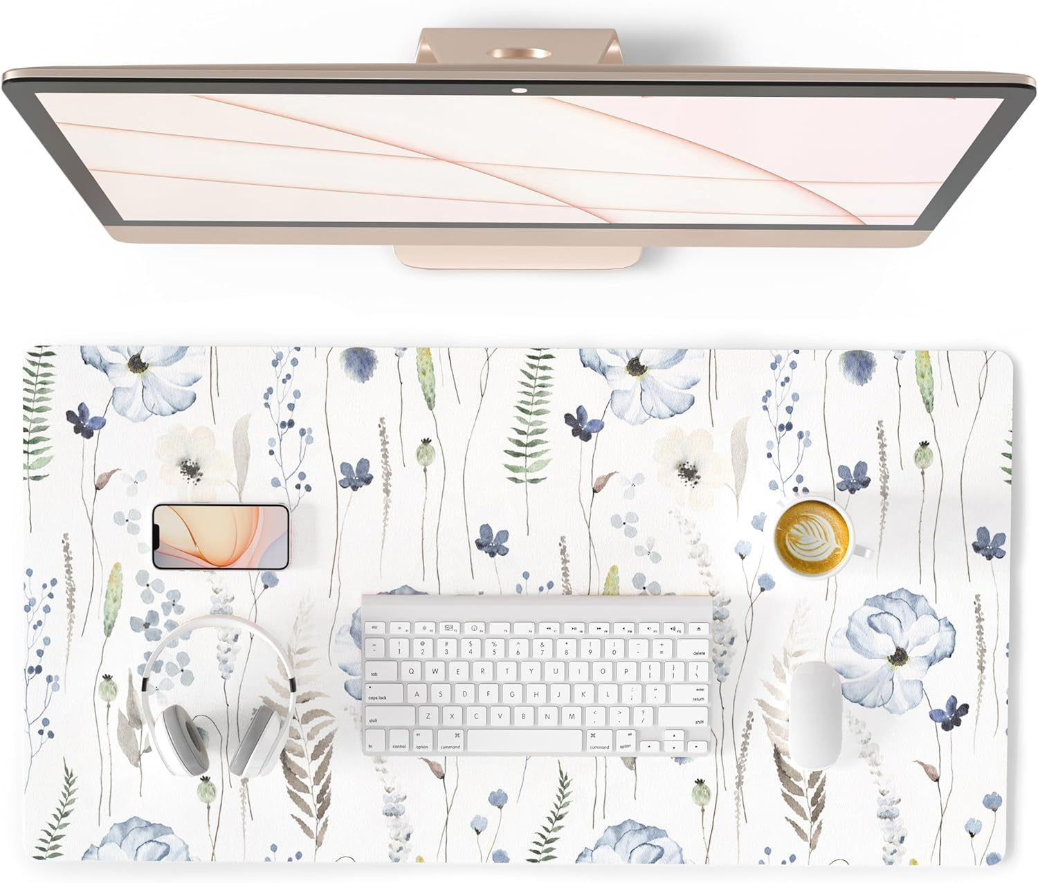 QIYI White Mouse Pad, Cute Marble Large Desk Mat, PU Leather Desk Protector Mousepad, Gold Grey Striped Waterproof Computer Keyboard Gaming Mouse Pads, Non Slip Extended Writing Pad 31.5" X 15.7"