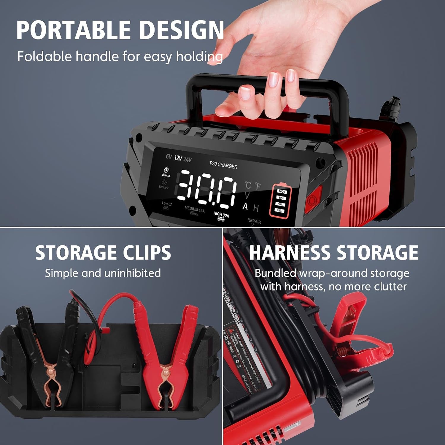 30 Amp Lithium Battery Charger,6V10A/12V30A/24V16A Lifepo4,Lead-Acid(Agm/Gel/Sla..) Smart Car Battery Charger,Battery Maintainer,Trickle Charger, and Battery Desulfator for Car,Boat,Motorcycle