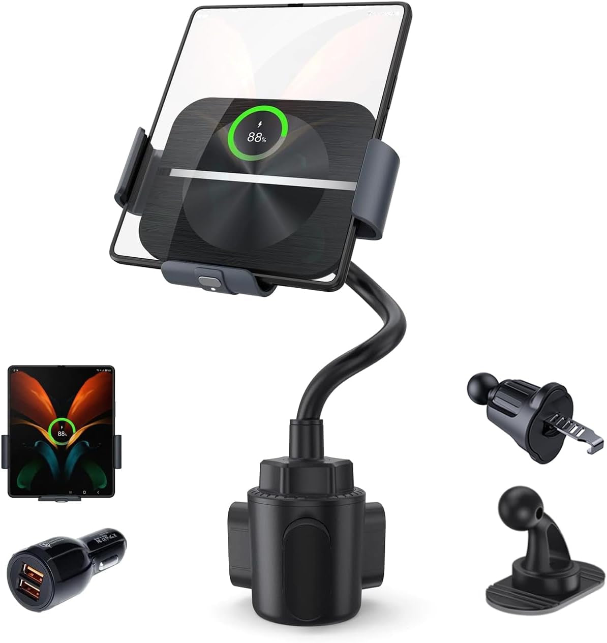 Wireless Car Charger for Z Fold 7/6/5/4/3/2, Dual Coil Cup Holder Phone Mount, Wireless Car Charger for Tesla, Auto Clamping Fast Charging for Iphone 16/15/14(Not Fit for Pixel Fold)