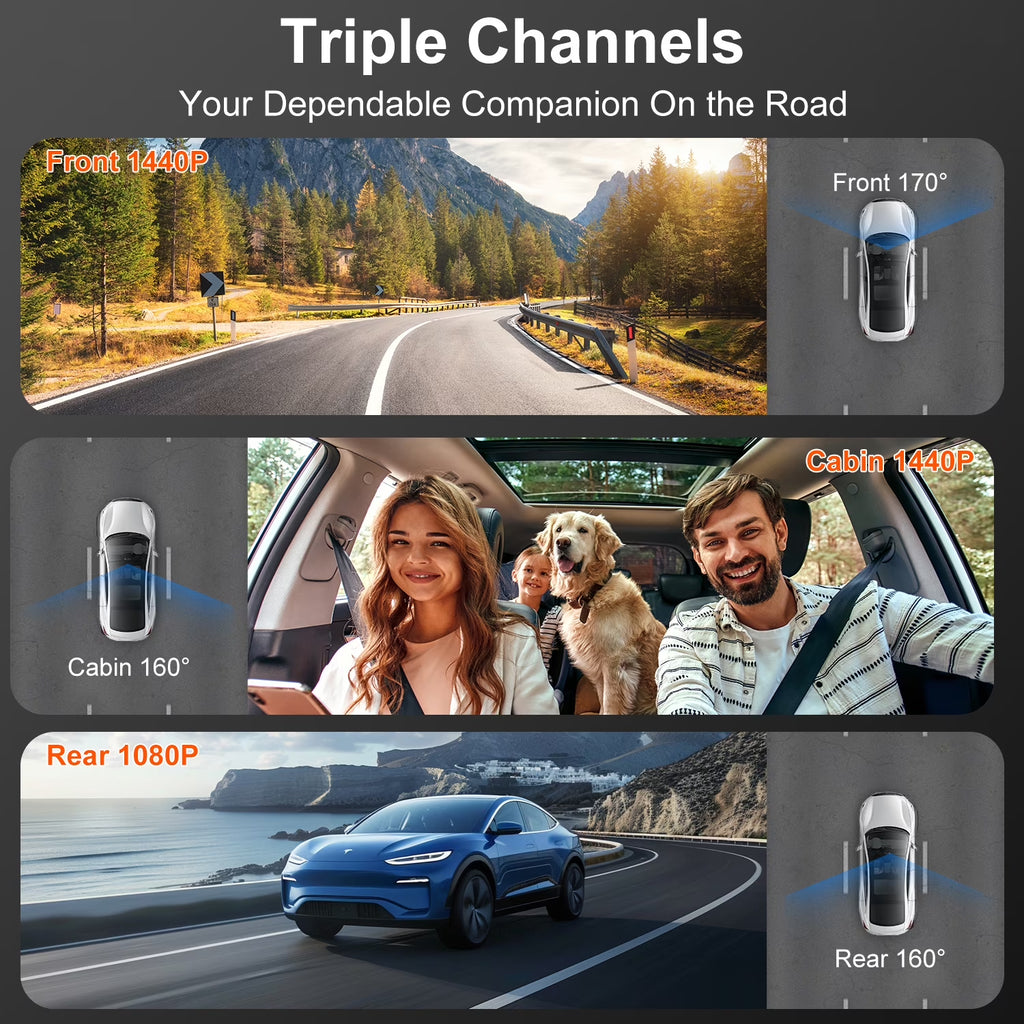 AILKIN Dash Cam Front and Rear,Full HD 1440P/1080P Dash Cam 3.16In Large Screen Dash Camera for Cars with Night Vision Free 64GB Card,G-Sensor,3 Channel Dash Cam Front and Rear inside Loop Recording