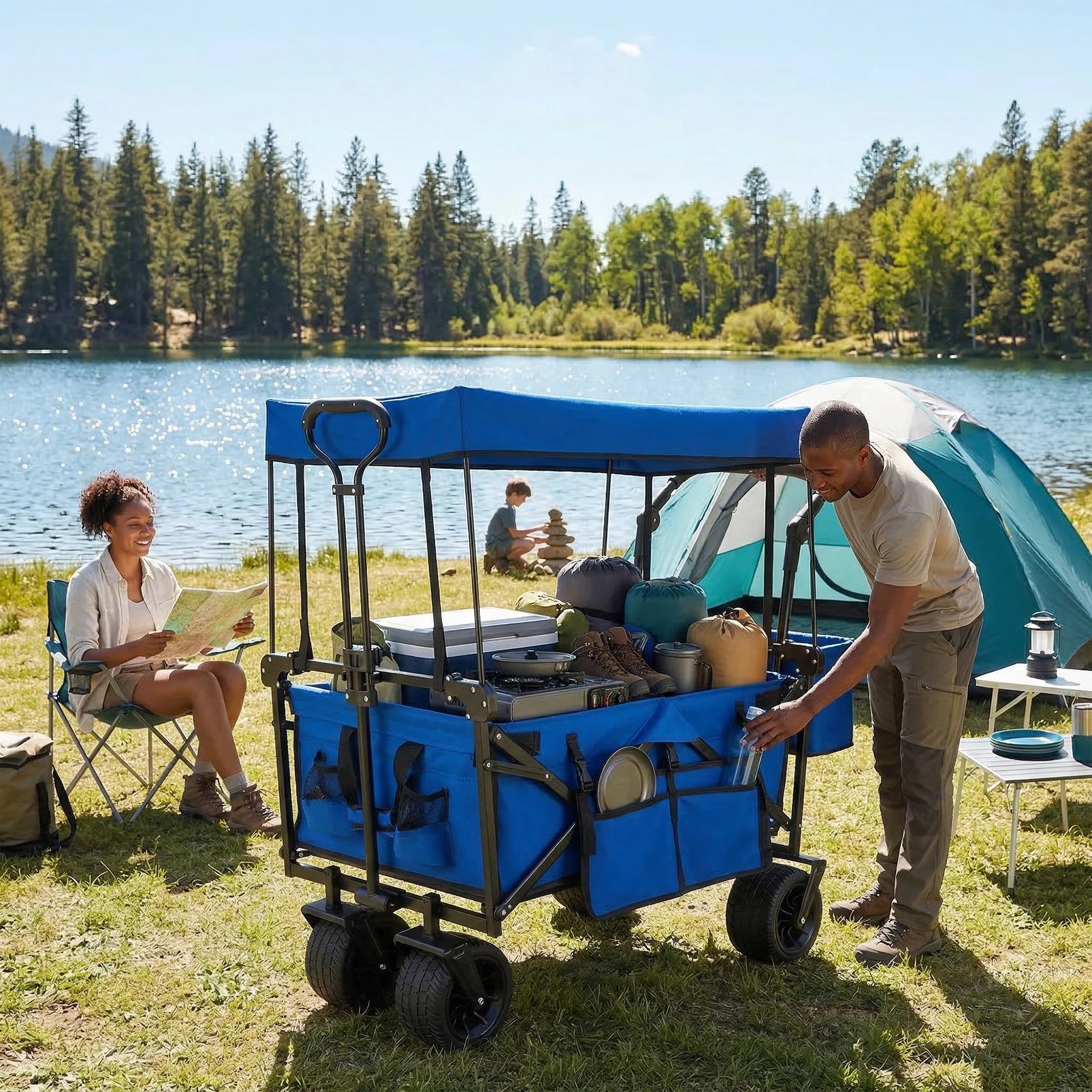 Collapsible Garden Wagon Cart with Removable Canopy Blue