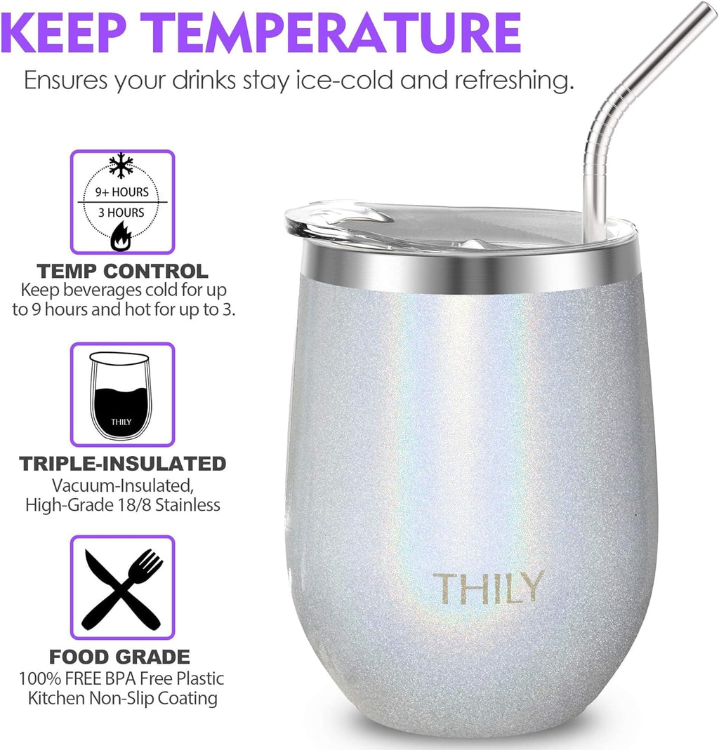 THILY 12Oz Glitter White Insulated Stainless Steel Wine Tumbler with Sliding Lid & Straw - Perfect for Coffee, Cocktails, and Cold Drinks!