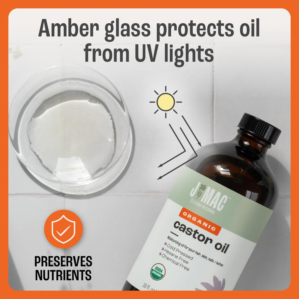J MAC BOTANICALS USDA Certified Organic Cold Pressed Castor Oil - 16 Oz Amber Glass Bottle for Ultimate Moisture for Hair, Skin, Face, Eyelashes, Brows, and Nails - Hexane Free