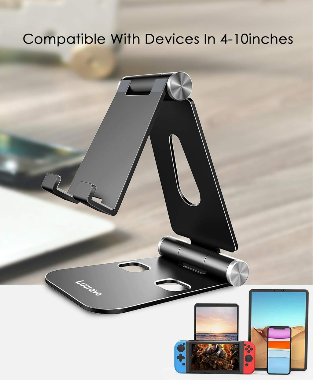 Cell Phone Stand, Updated Adjustable Desktop Phone Holder Cradle,Fully Foldable, Thick Case Friendly, Portable Aluminum Compatible with All Mobile Phones, Switch, Tablets(4-10In)-Black