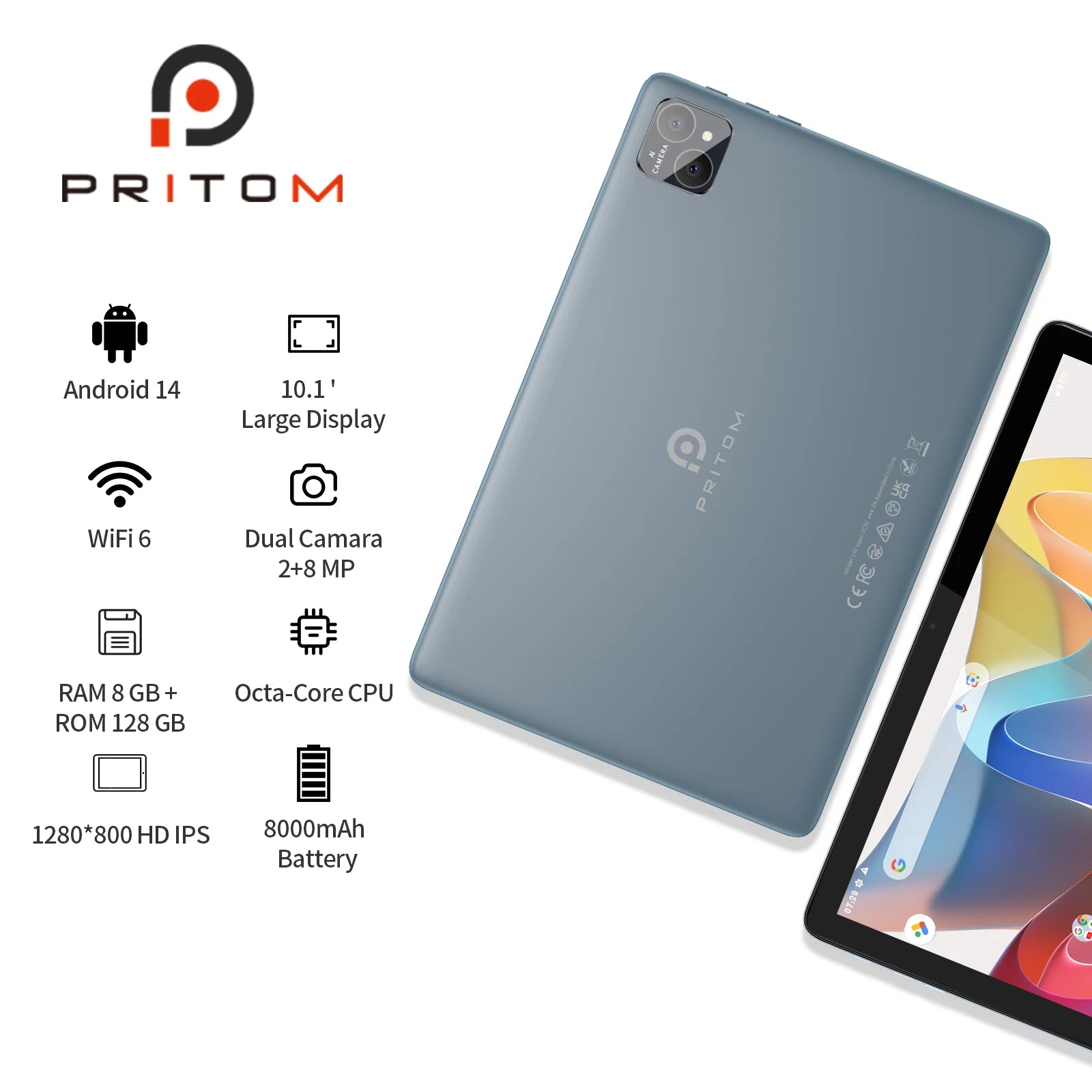 PRITOM TAB11 Android 14 Tablet 10 Inch, 8GB(4+4 Expand) RAM + 128GB ROM, Octa Core, 5G Wifi, with Keyboard, Mouse, Case