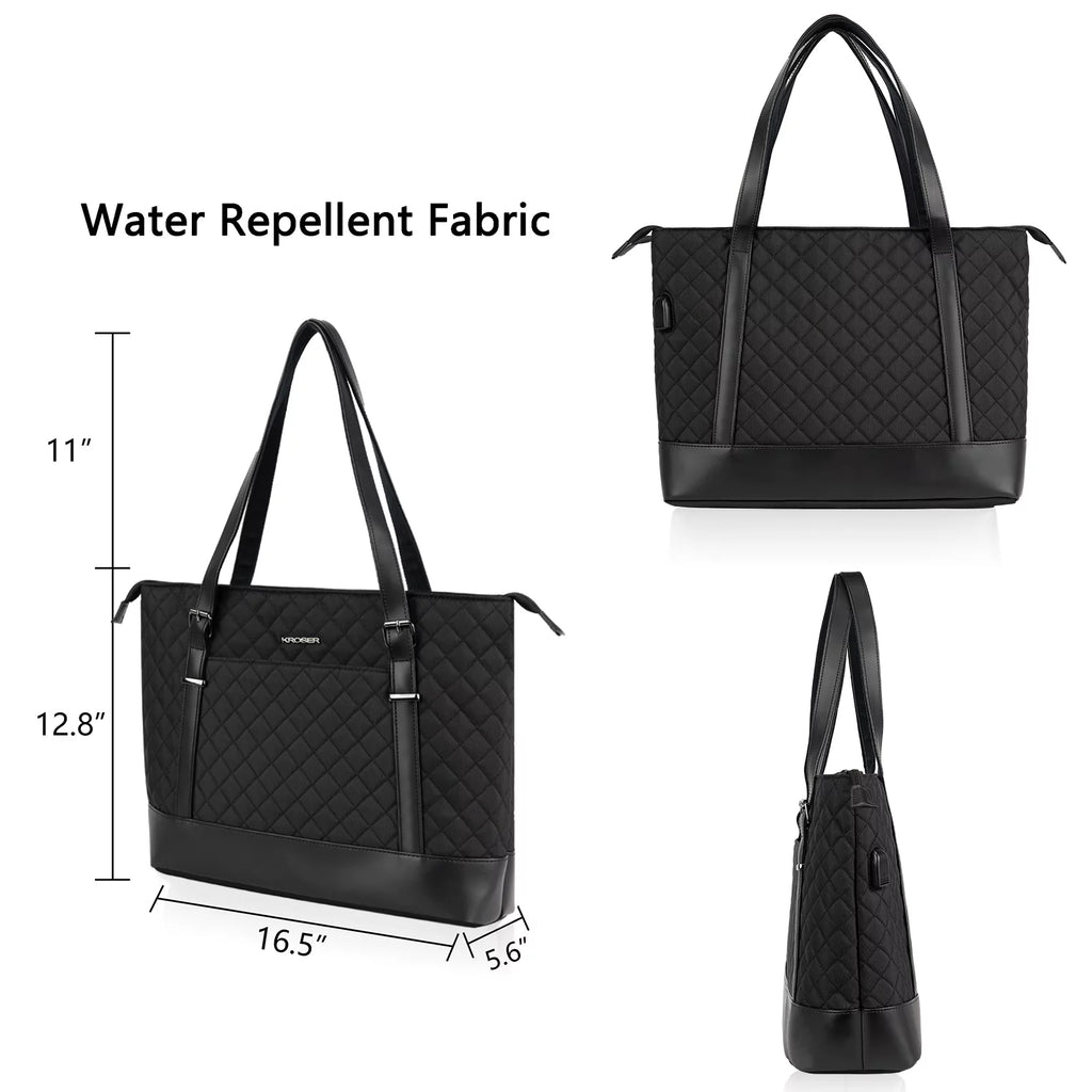 KROSER 15.6" Quilt Laptop Tote Bag, Computer Shoulder Bag, Black