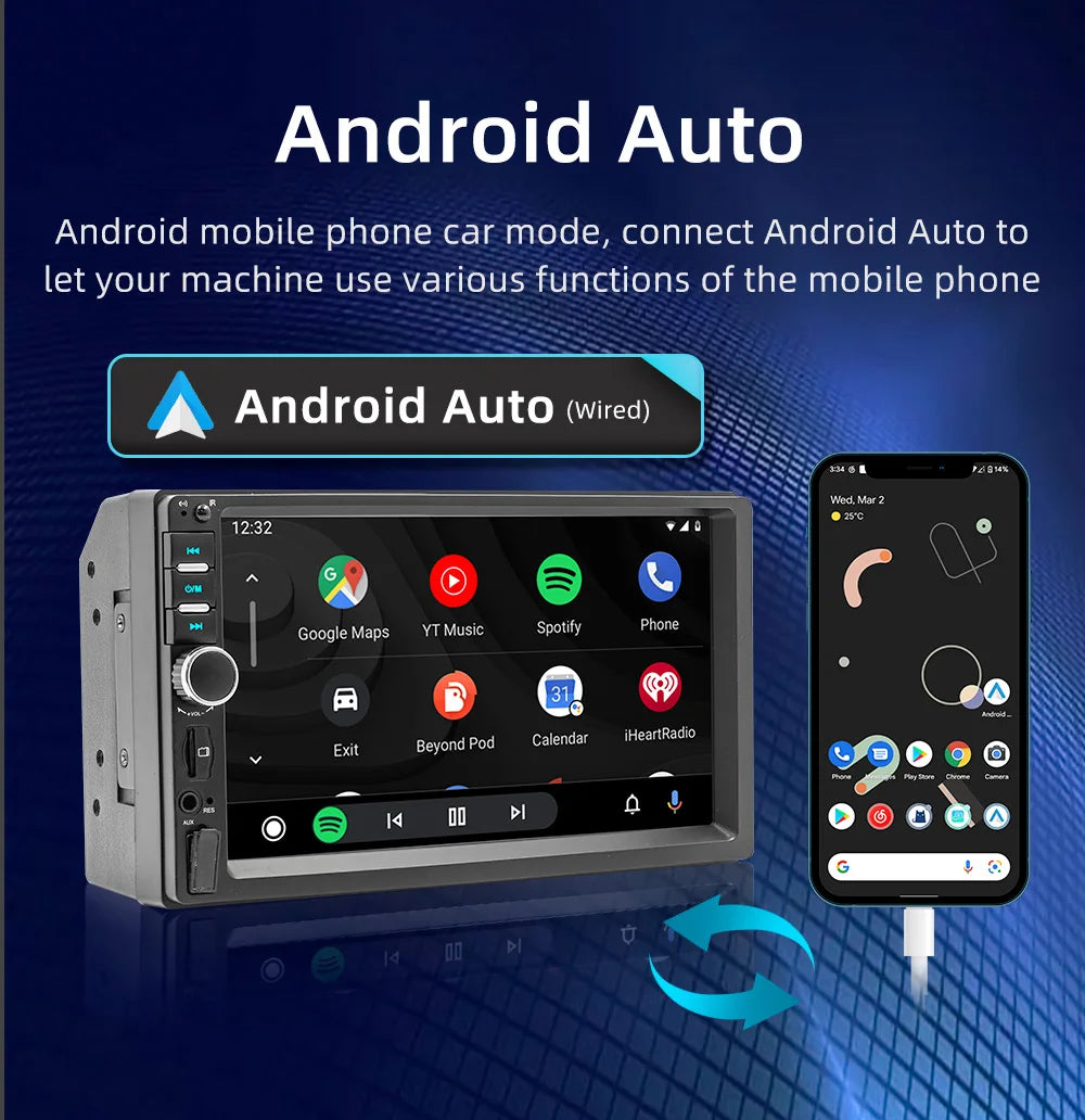 BQCC 7" 2Din/1 Din MP5 Car Player Mirrorlink Wired Android Auto/Carplay BT AUX Colorful Lights FM Car Radio F7018C