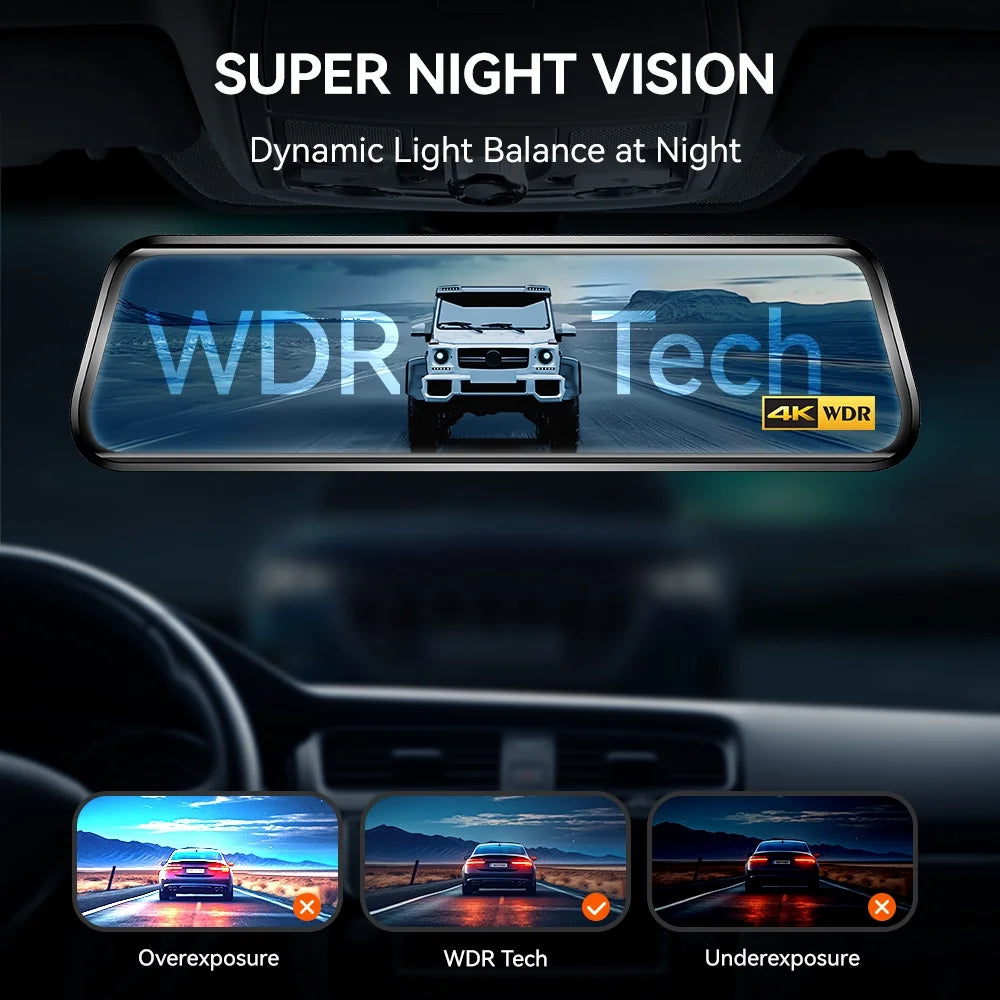 Wolfbox 4K Dual Dashcam with 10" Touch Screen, Front and Rear Recording, Night Vision, GPS, Free 64GB Card