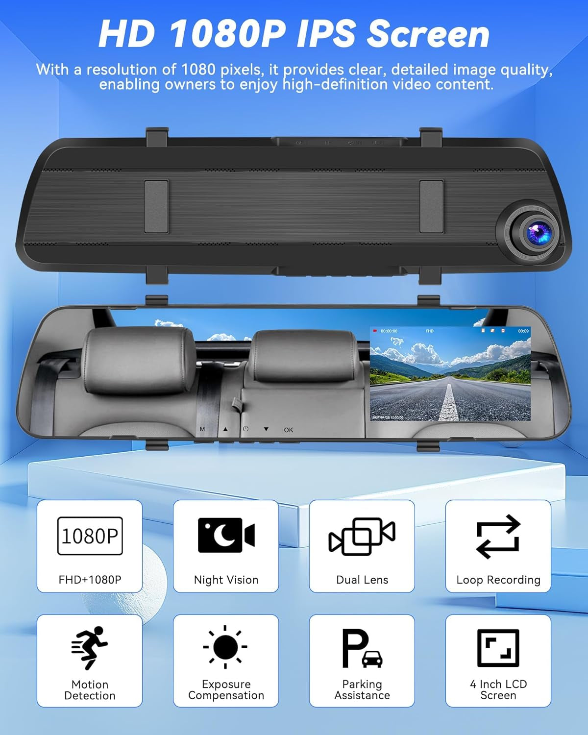 4 Inch Mirror Dash Cam,1080P Rear View Mirror Camera for Cars,Dual Dash Cameras Front and Rear HD Night Vision,24H Parking Monitoring,Loop Recording, Motion Detection,Reversing Assistance,32Gb TF Card