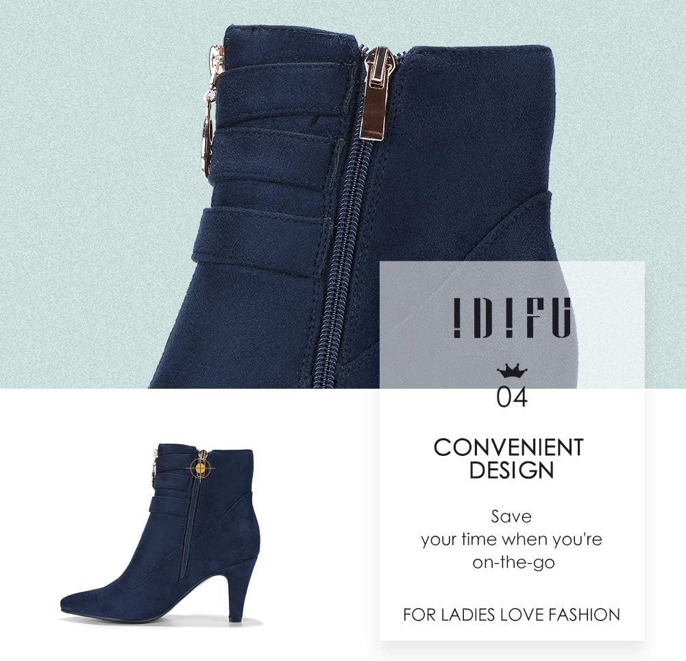 IDIFU Women'S Pointed Toe Metal Buckle Two Strap Ankle Booties Side Zipper Kitten Heel Dress Classic Short Boots