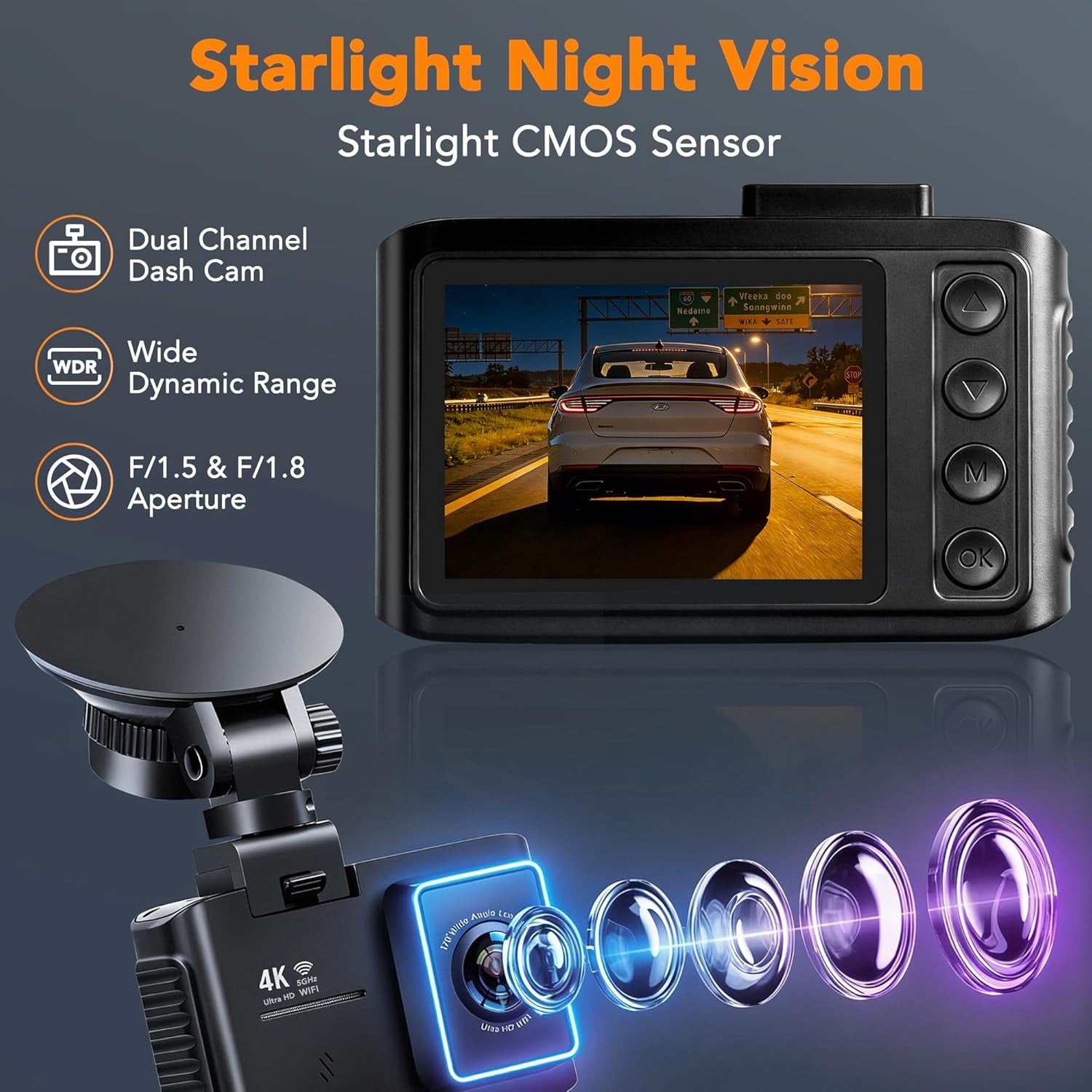 4K Dash Cam Front and Rear, STARVIS 2 Night Vision, Free 64GB Card, 5Ghz Wifi with App, Built-In GPS, Dash Camera for Cars 170° Wide Angle, 3" IPS Screen, Loop Recording, 24H Parking Monitor