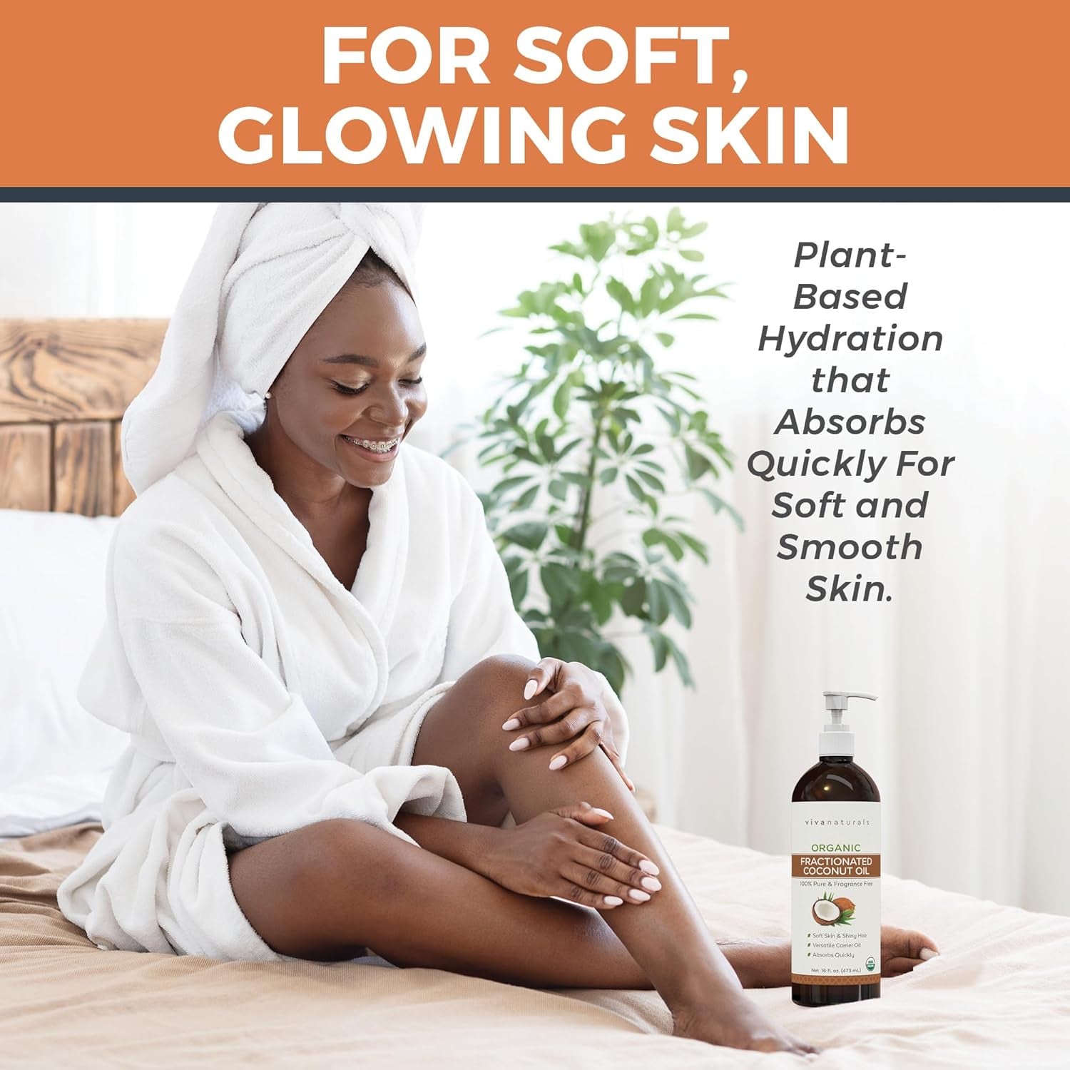 Viva Naturals Organic Fractionated Coconut Oil – 16 Fl Oz Multi-Purpose Moisturizer for Skin, Hair, and Massage, Perfect Carrier Oil for Essential Oils