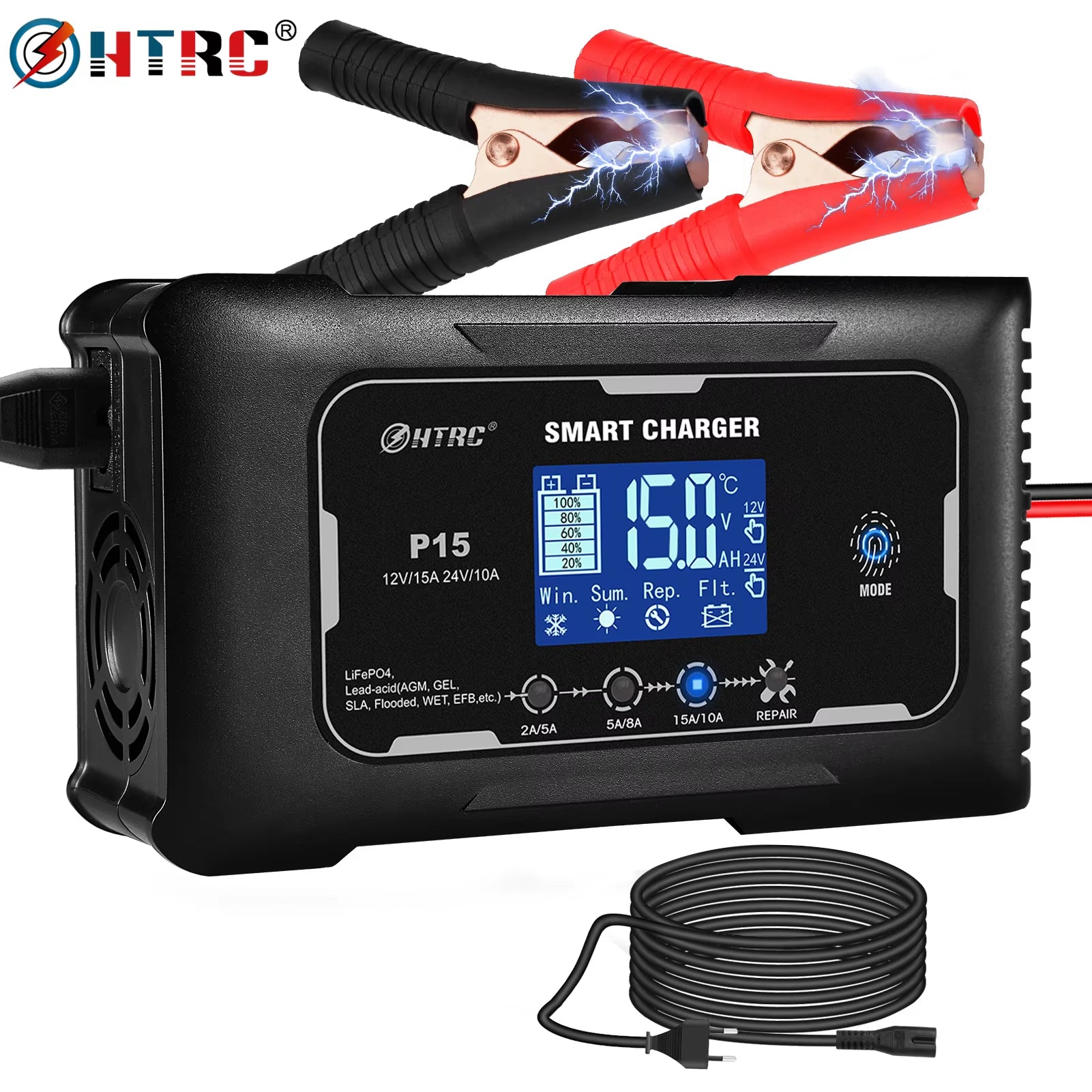 HTRC 12V/24V Car Battery Charger 15A Automatic Charger for Lithium Lifepo4 AGM GEL Lead-Acid Battery Charger for Car