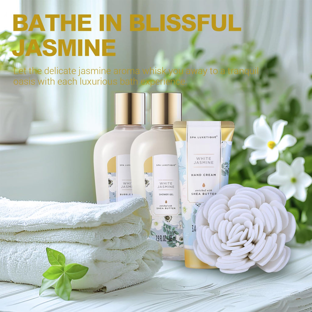 Indulge in Luxury: Spa Luxetique 15-Piece White Jasmine Gift Basket - Perfect Relaxation Kit for Women - Ideal Birthday, Mother's Day, and Special Occasion Gift for Mom, Sister, Wife, or Grandma