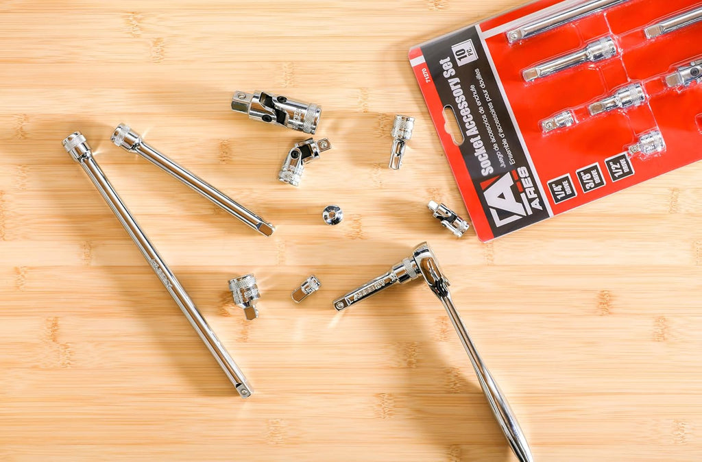 ARES 71270 Premium 10-Piece Socket Accessory Set - Durable Chrome Vanadium Steel with Mirror Finish - Includes Essential Adapters, Extensions, and Universal Joints